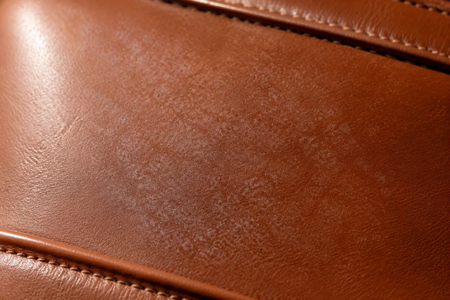 Faint pale speckled bloom across a leather bag panel seen under raking light