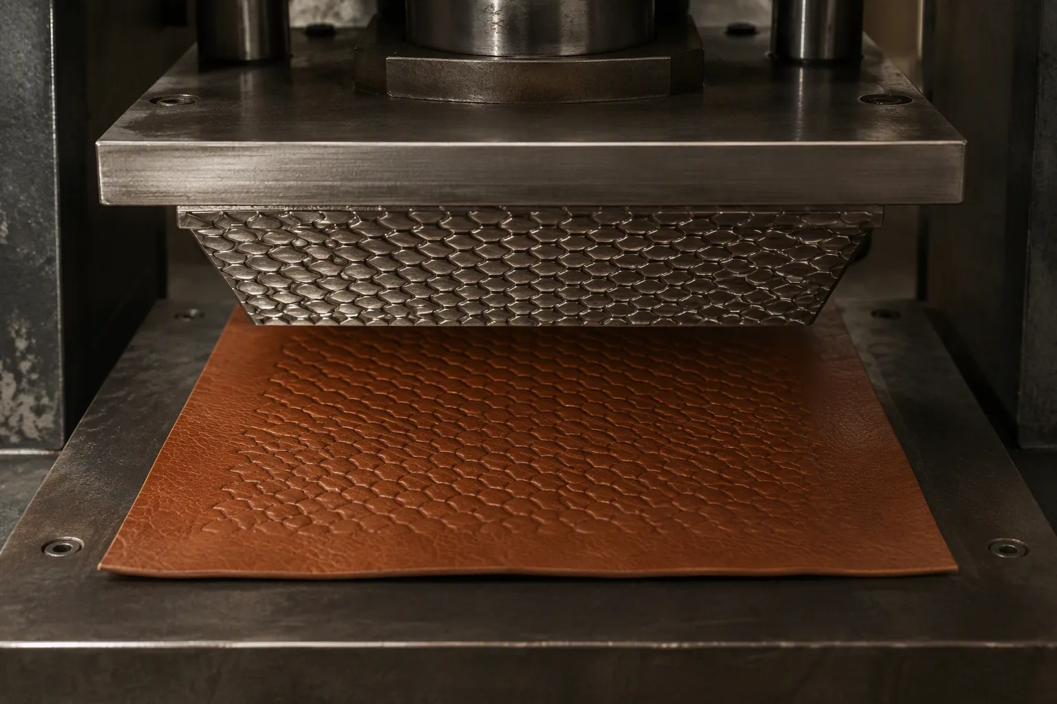 A heated embossing plate pressing a grain pattern into a leather panel