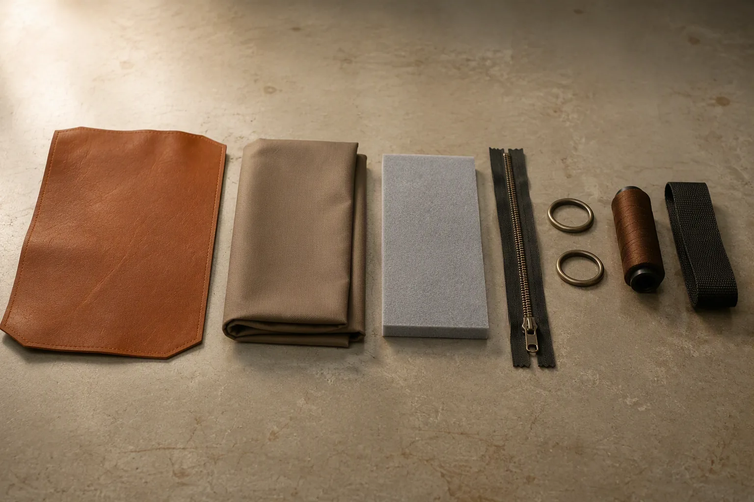 The separate components of a leather bag laid out on a bench