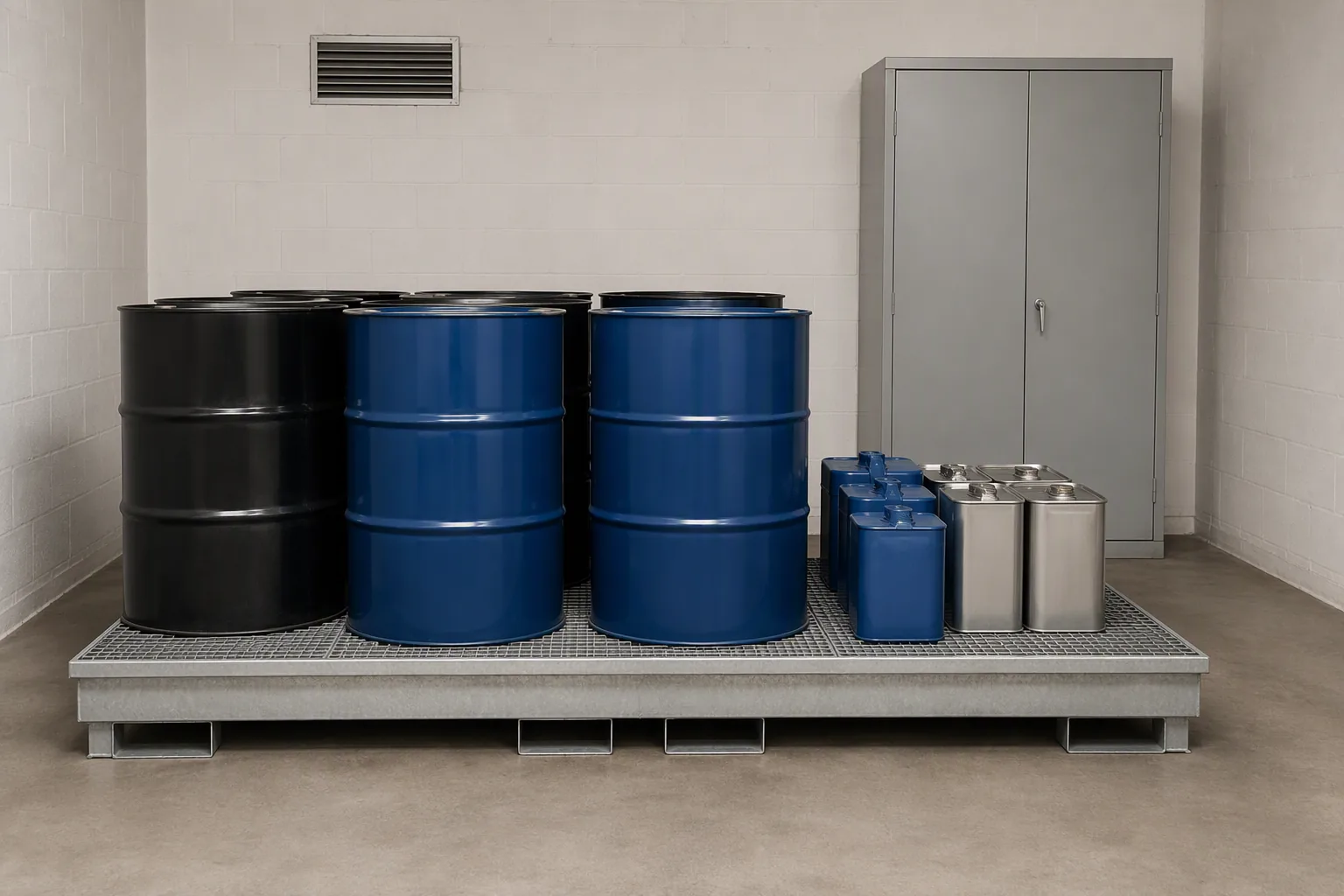 A factory chemical store with drums on a spill pallet and a ventilation grille