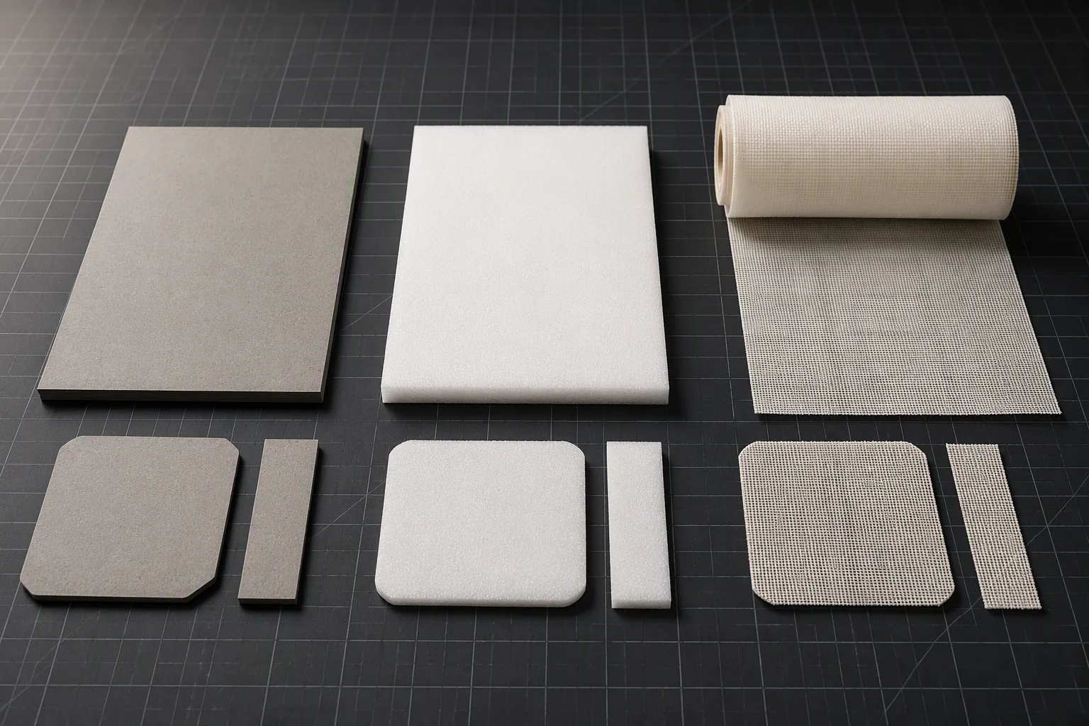Cut pieces of board, foam and interlining laid out on a workshop cutting mat
