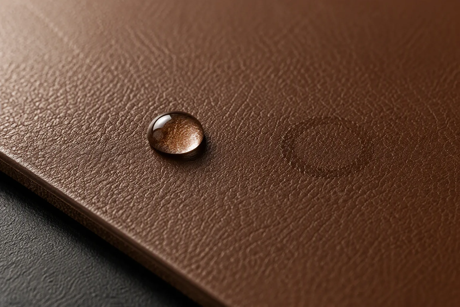 A water droplet beading on the surface of a coated leather panel
