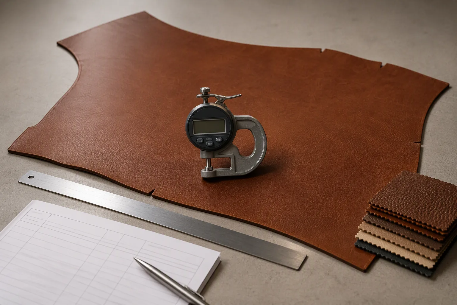 A goods-in inspection bench with a leather panel, thickness gauge, rule and record sheet