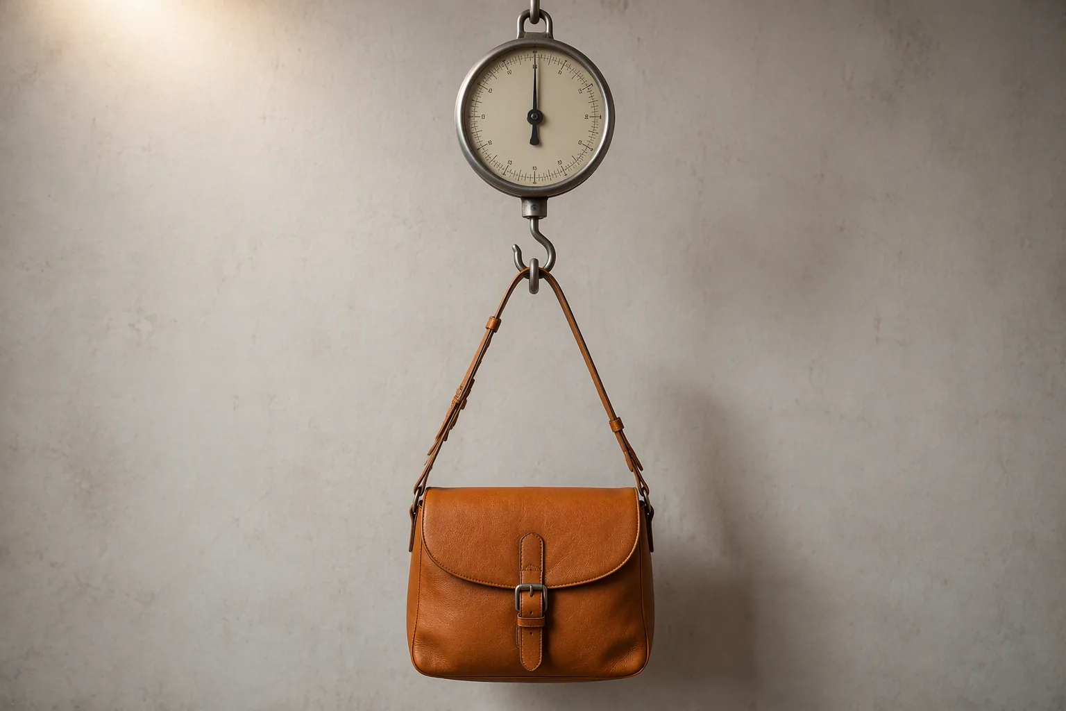 A finished leather bag hanging from a mechanical scale in a workshop