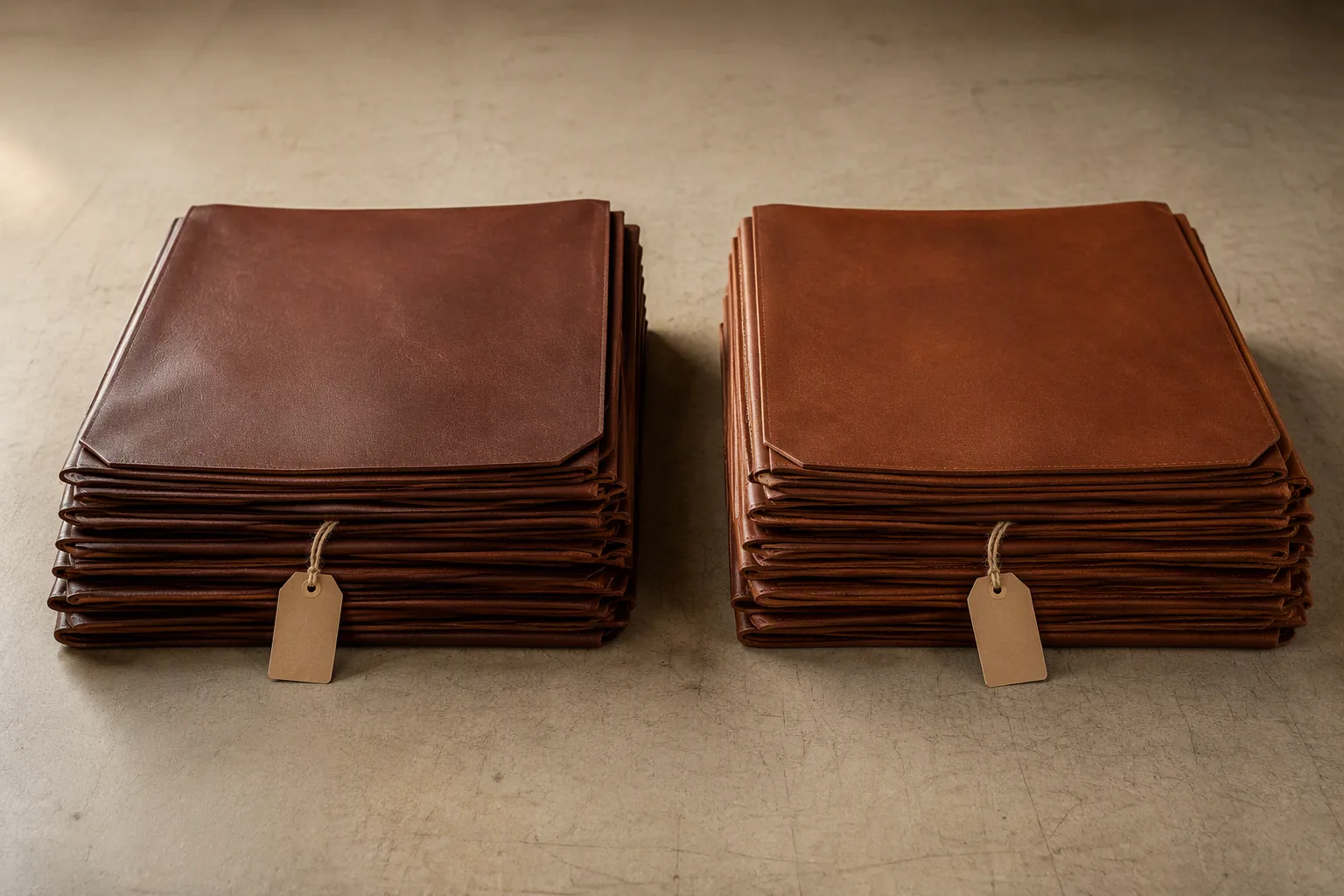 Two stacks of leather panels from different suppliers placed side by side for comparison