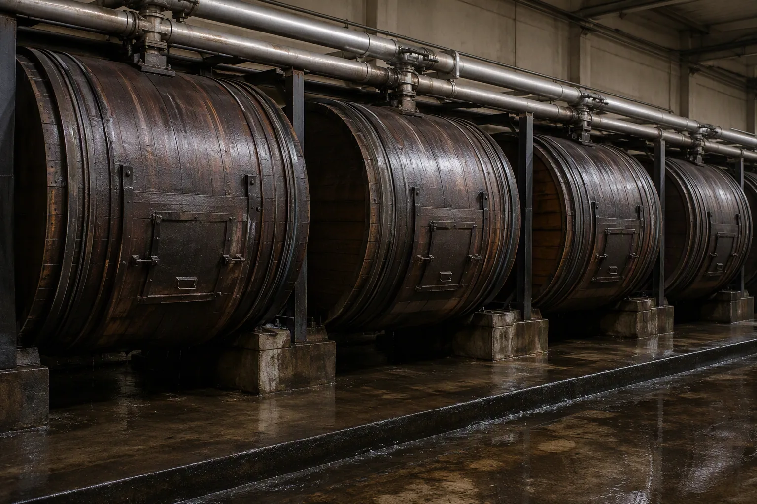 A row of tanning drums in a tannery working area with production in progress
