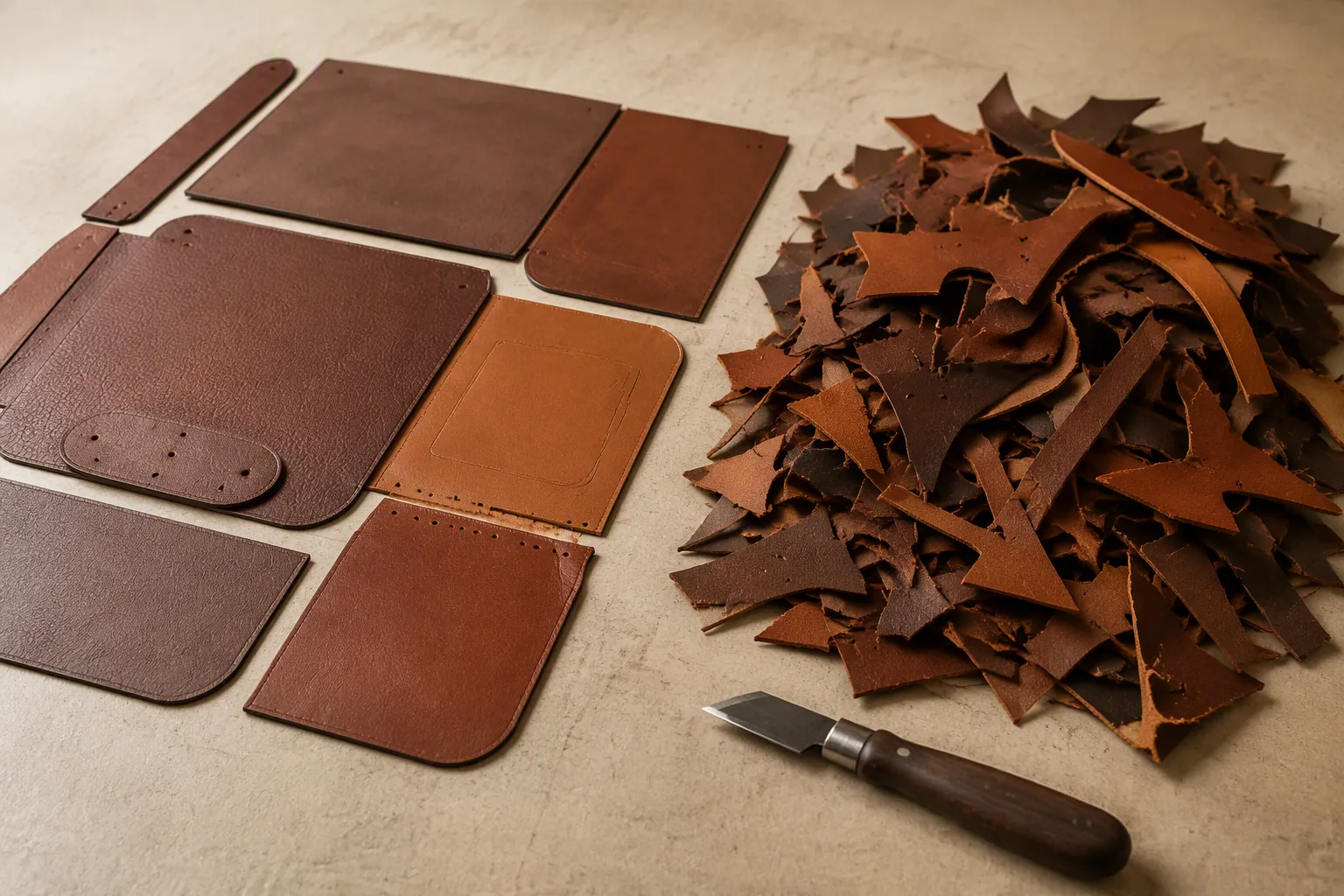 A cutting table with finished panels and a pile of leather offcuts gathered to one side
