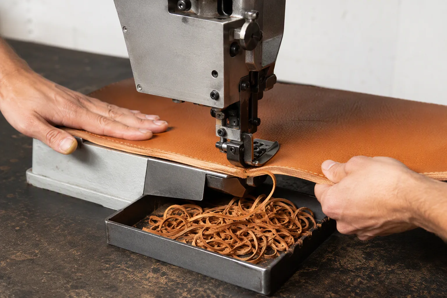 A skiving machine thinning the edge of a leather panel in a bag workshop