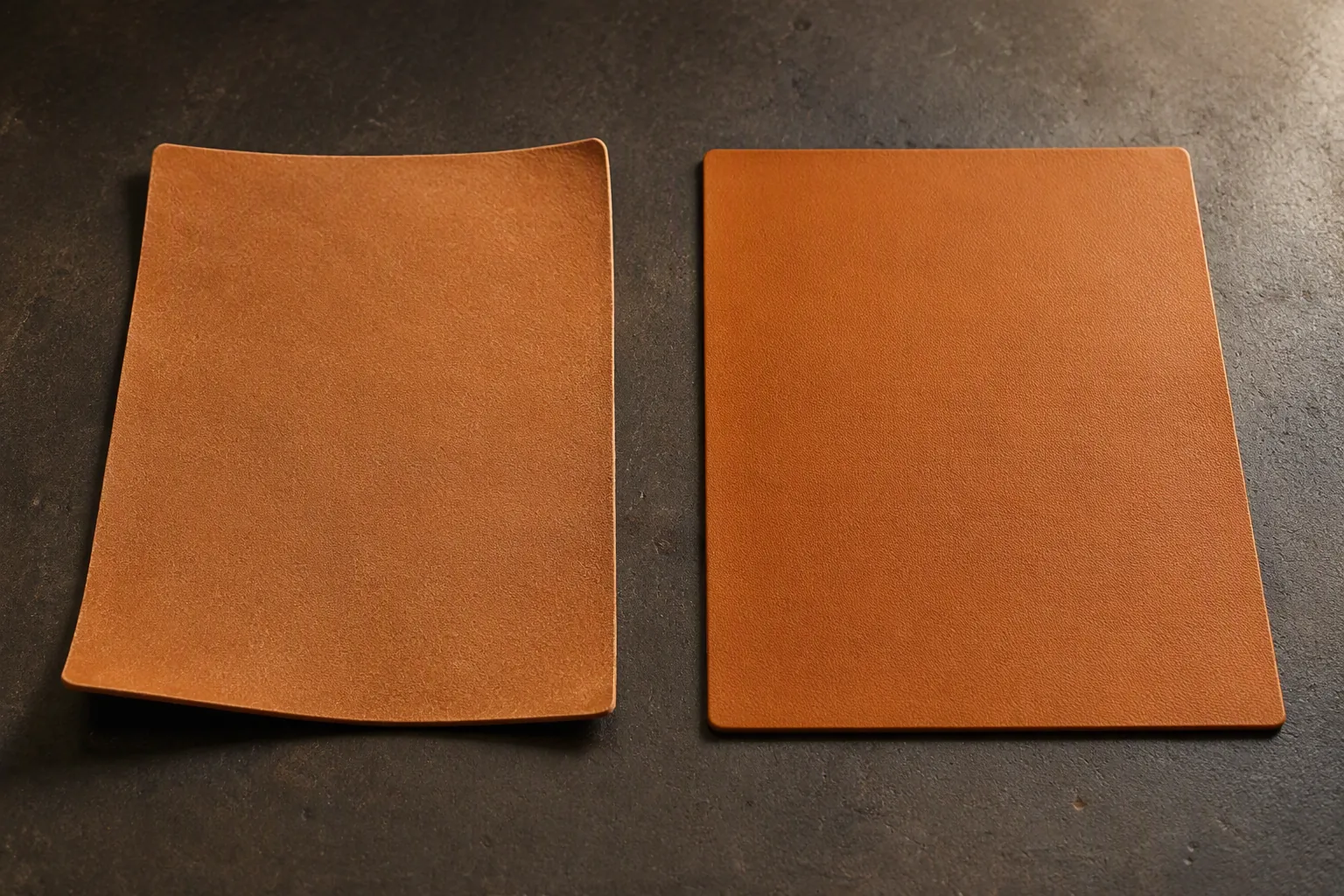 Two leather panels side by side on a bench, one dry and curled, one flat and relaxed