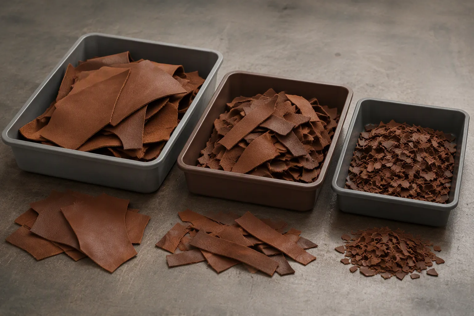 Leather offcuts being separated into shallow containers at a sorting station