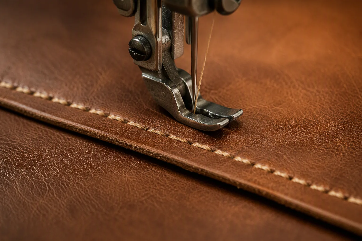 A leather seam being sewn with the seam allowance visible beside the stitch line