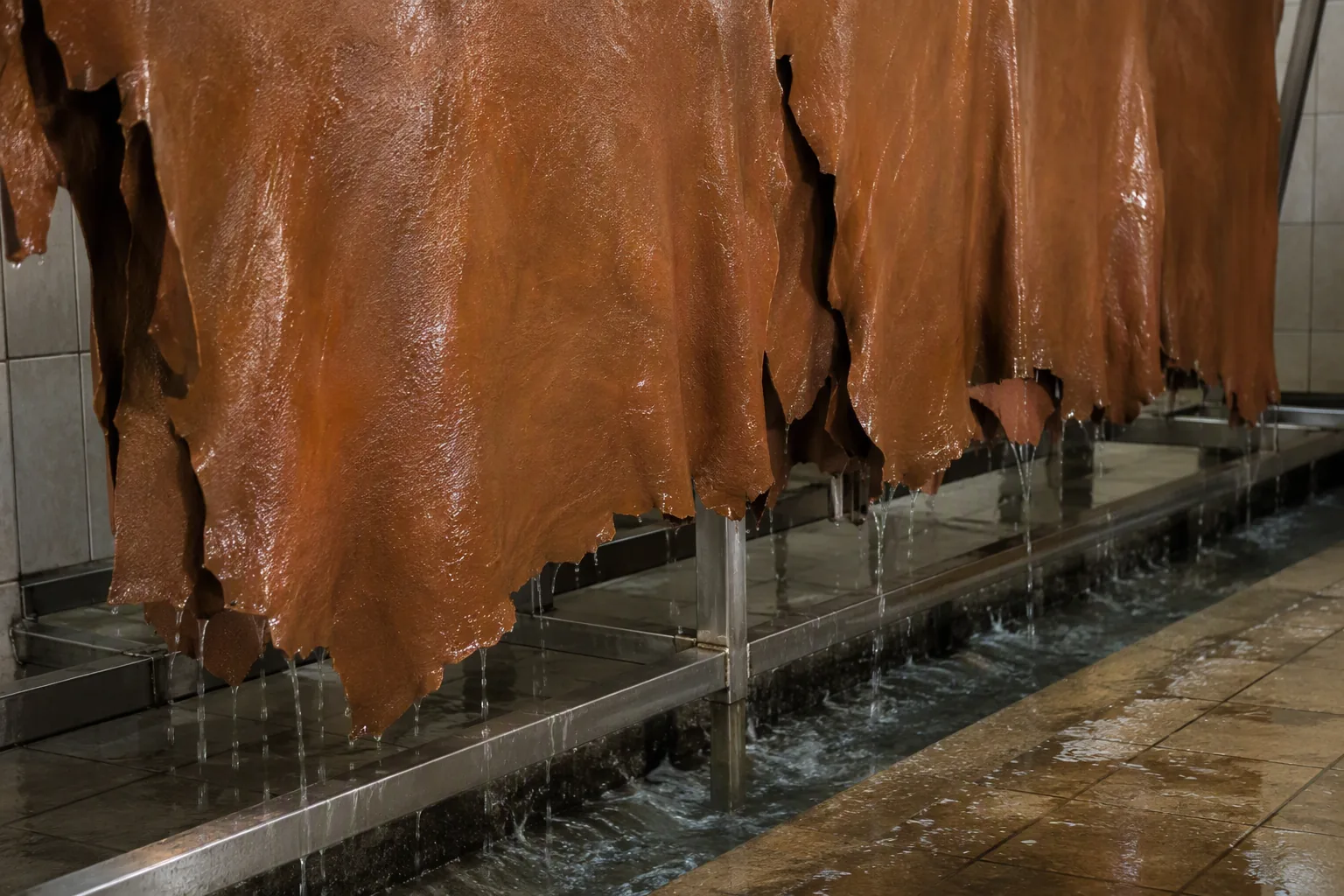 Tanned leather sides hanging on a steel draining rack above a runoff channel