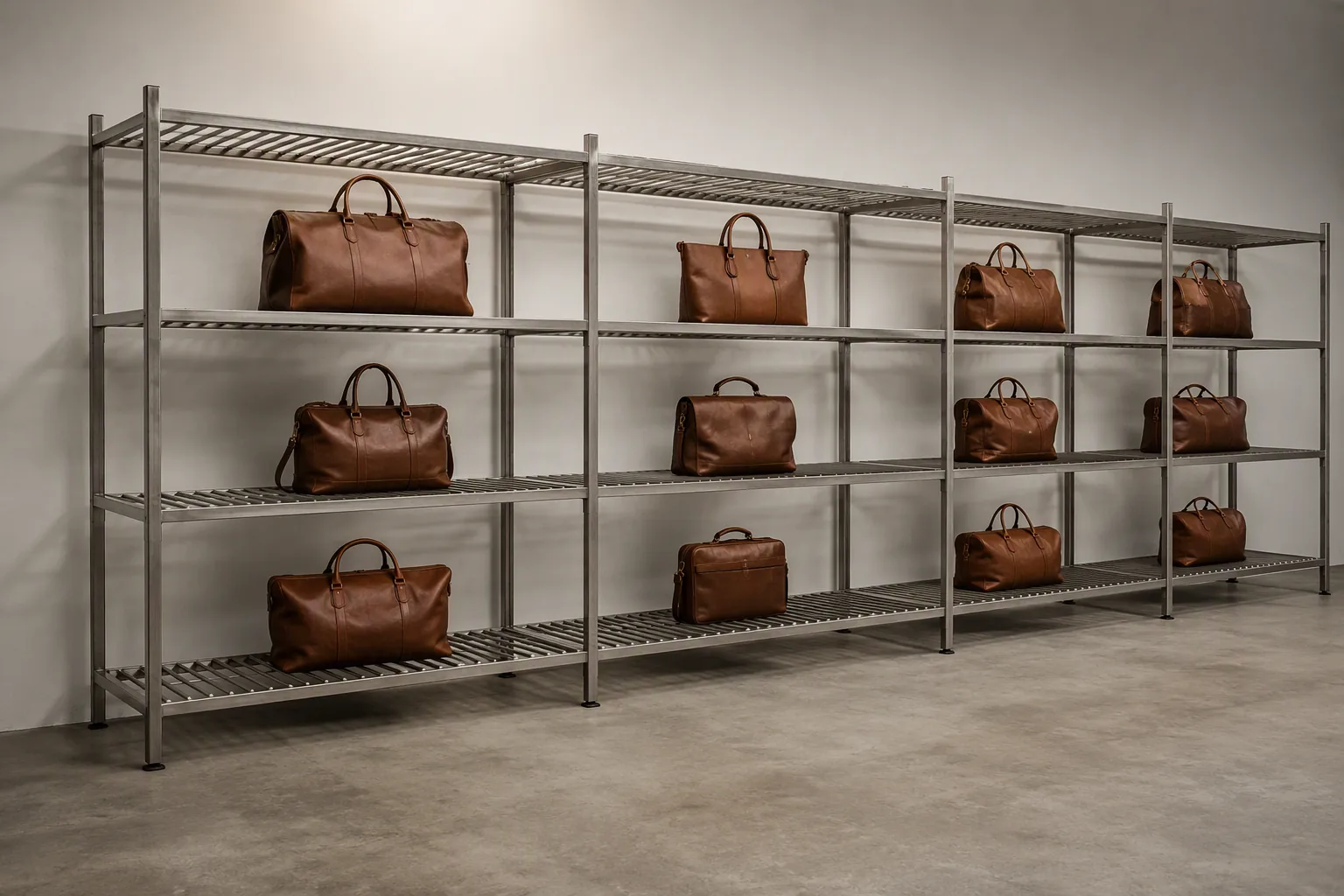 Leather bags standing spaced apart on open racks to air before packing
