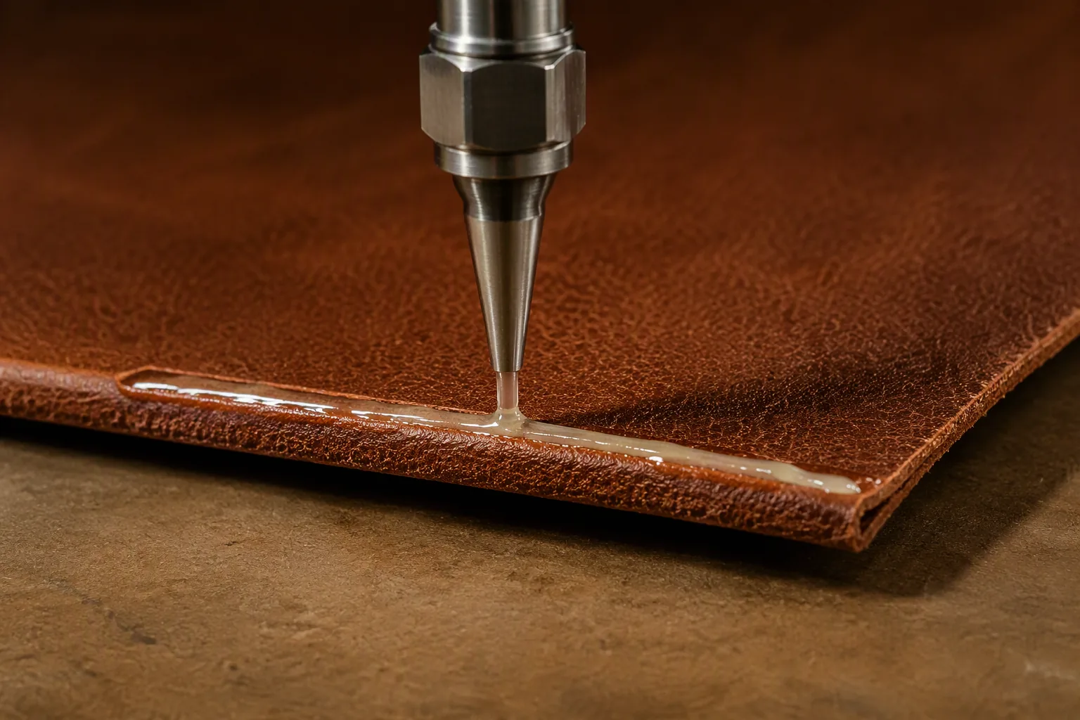 A mechanical nozzle applying a thin bead of adhesive along a leather edge