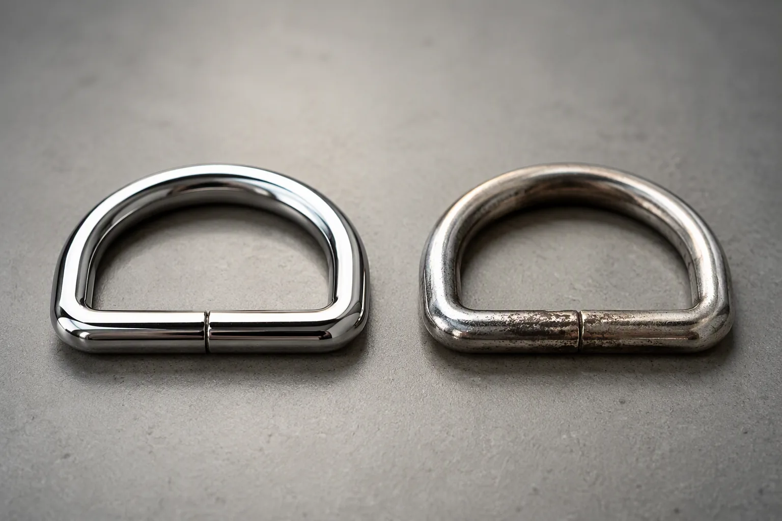 Two plated metal bag rings side by side, one with intact plating and one with visible plating wear