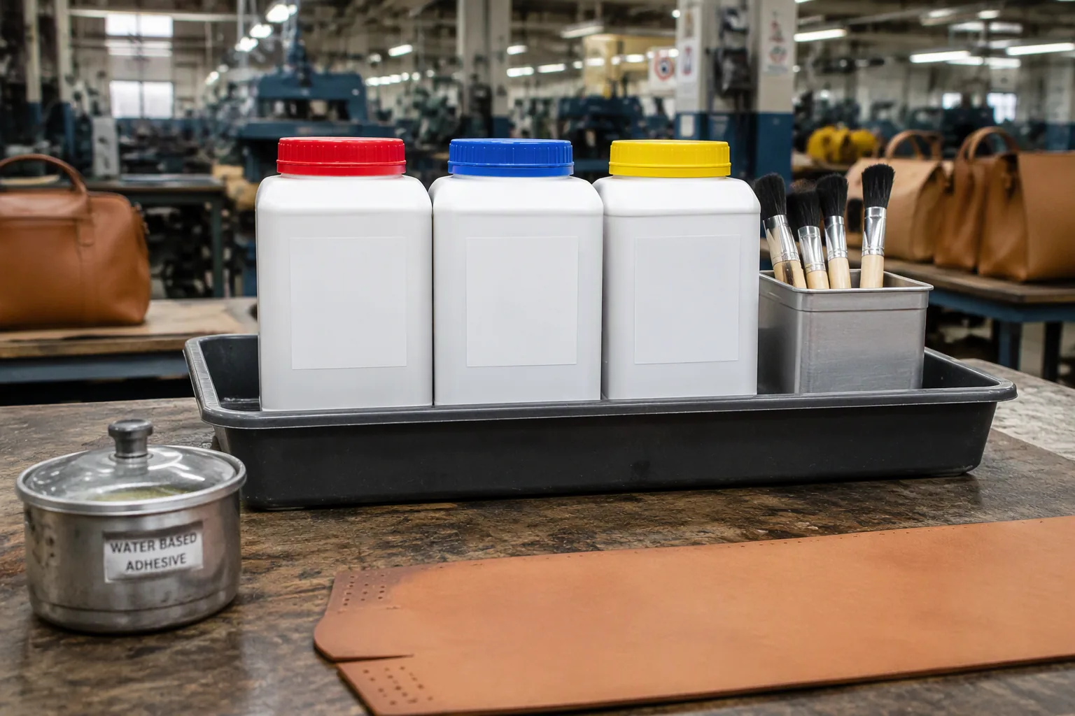 Secondary containers with colour-coded lids and blank labels on a bench