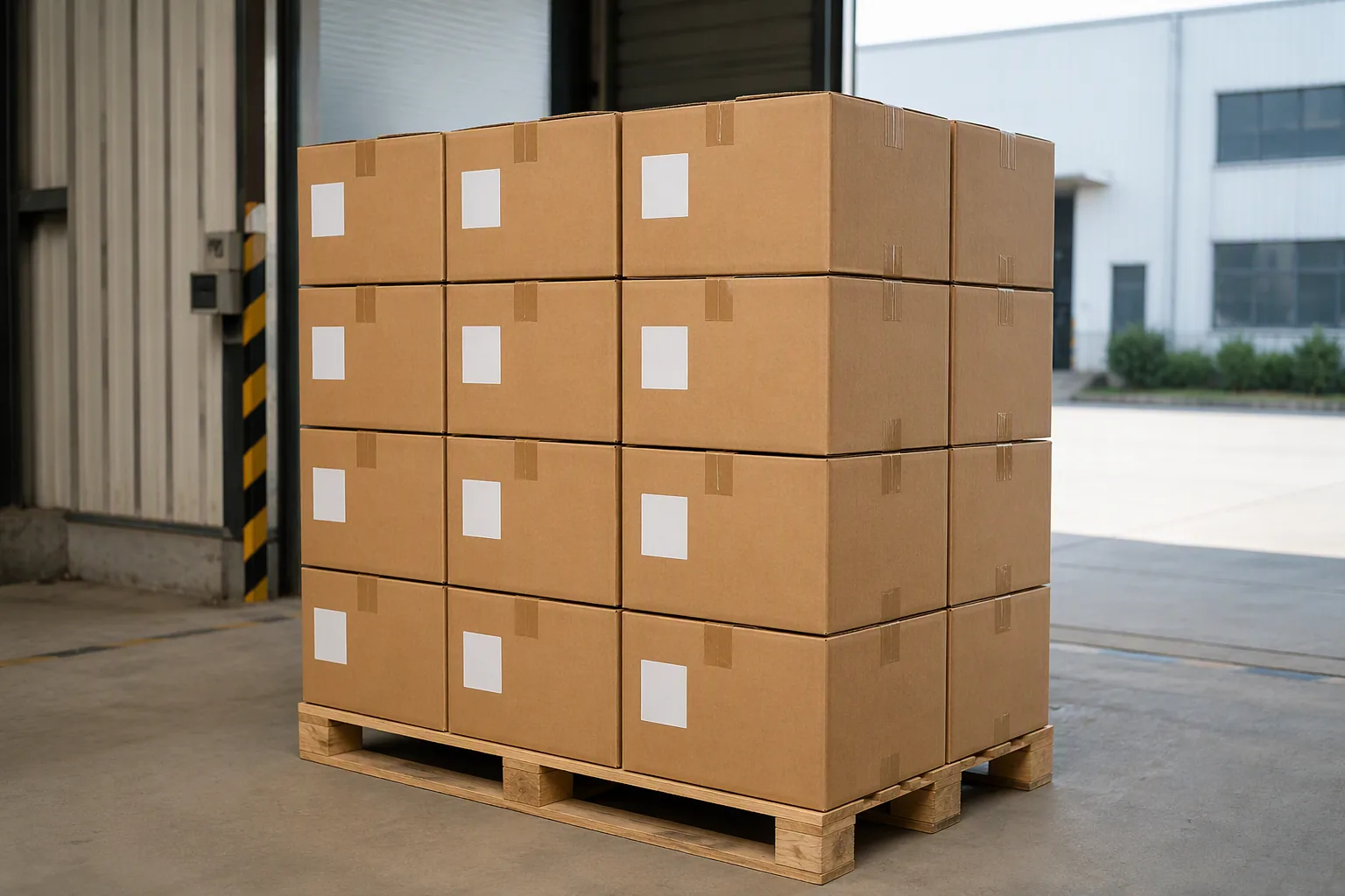 Plain export cartons staged on a pallet at a loading door