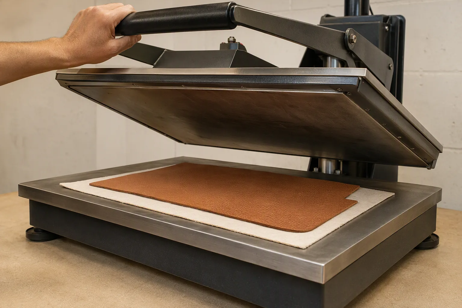 A heated fusing press with a leather panel and interlining on the lower bed