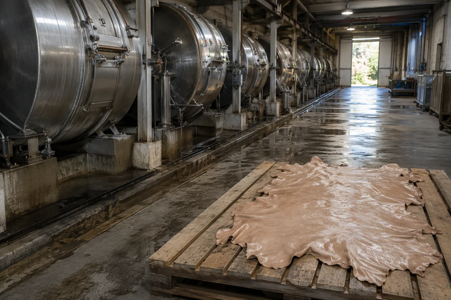 A tannery production floor with drums and a wet hide on a pallet