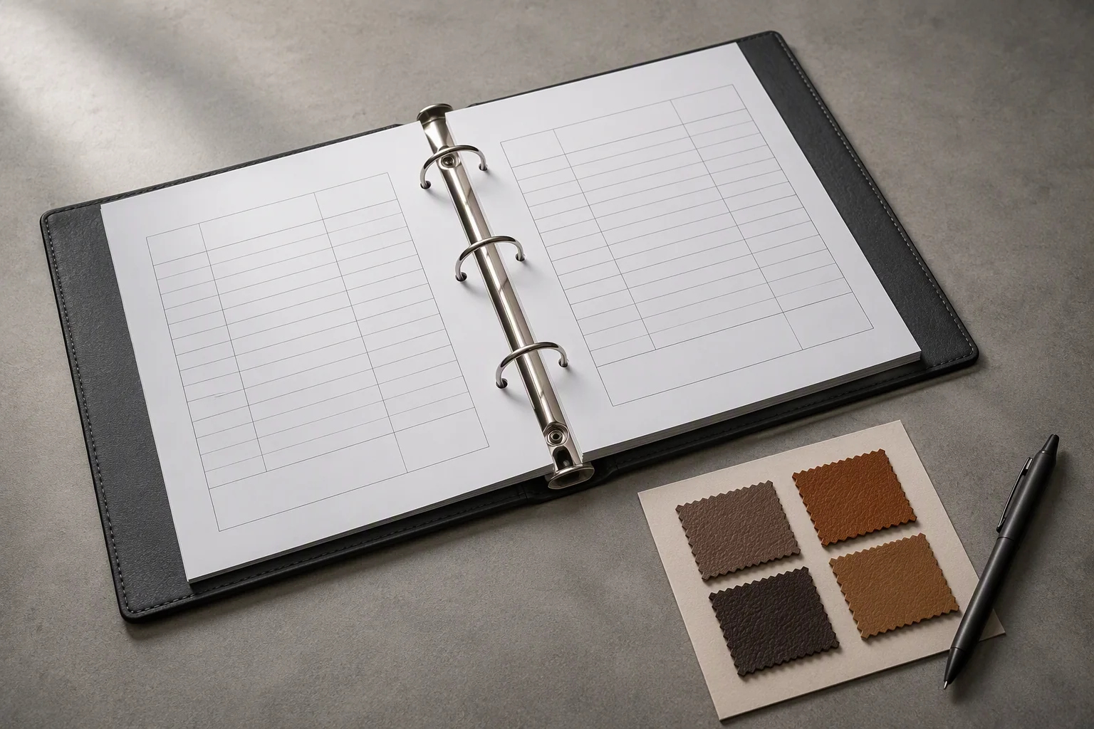 A plain ring binder with blank ruled pages and leather swatch samples on a desk