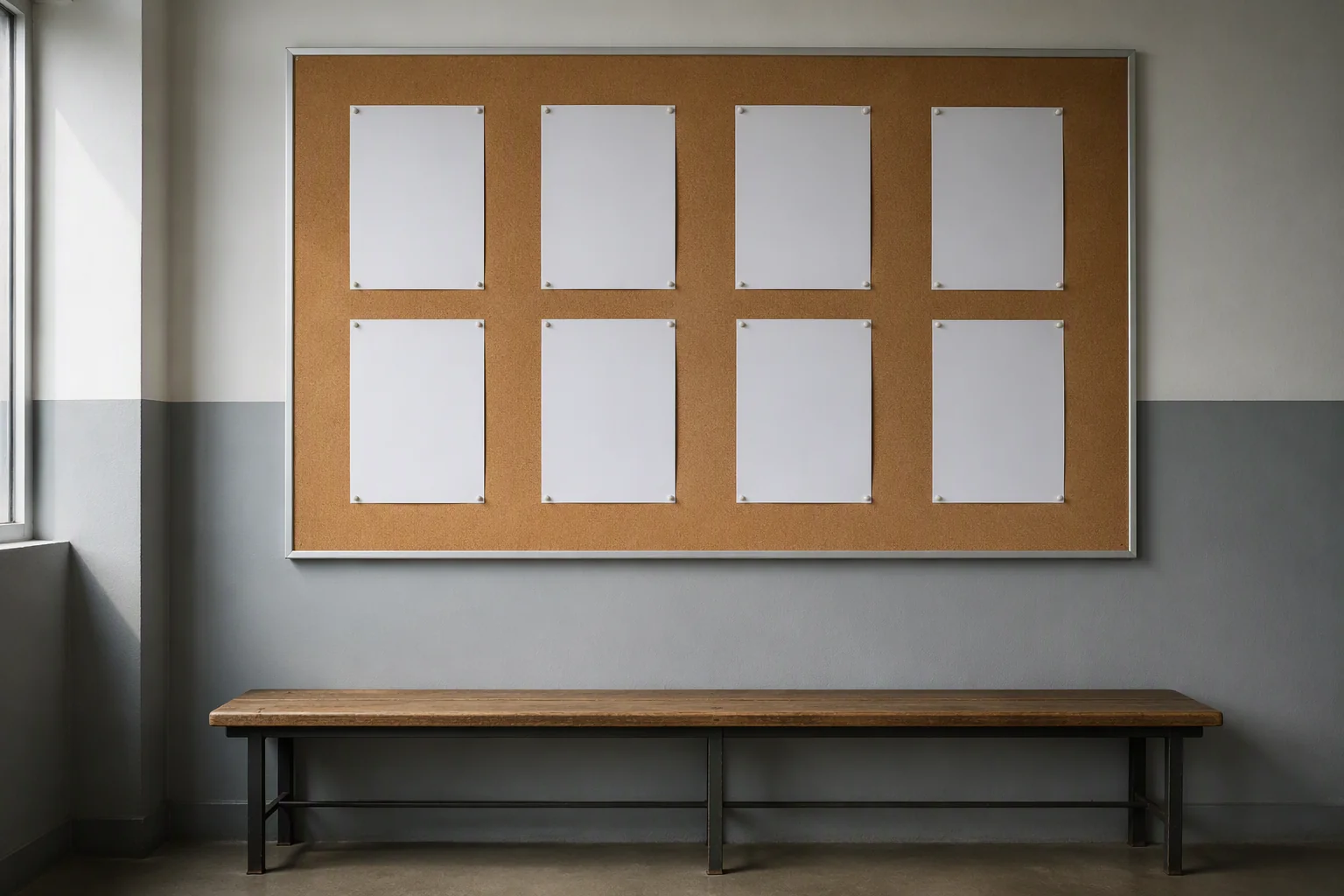 A plain notice board with blank sheets in a factory corridor