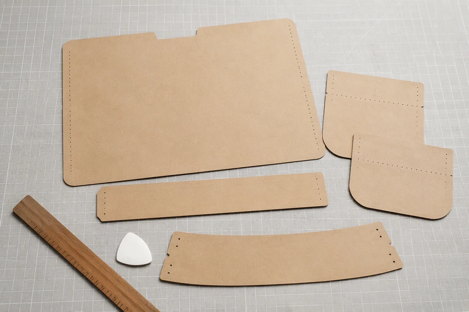 Paper pattern pieces for body, pocket, divider and gusset on a cutting table