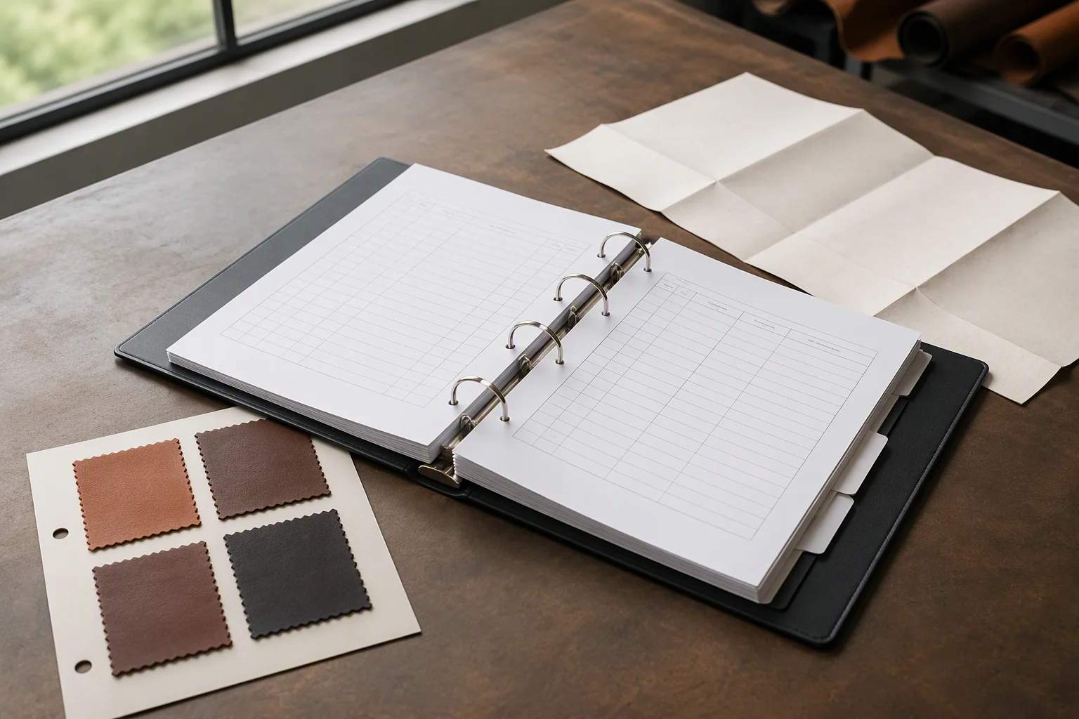 An open specification binder with a leather swatch card on a factory desk