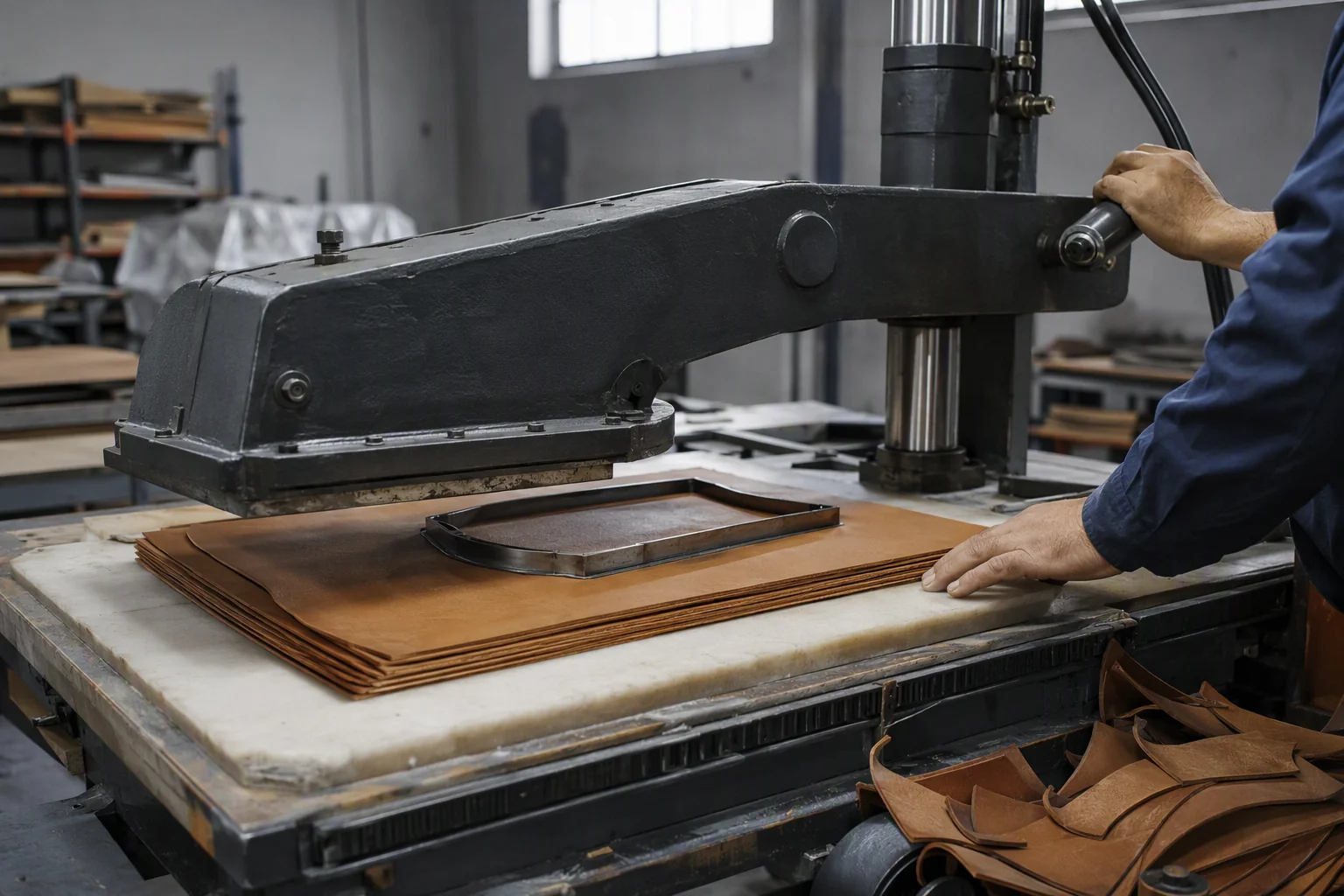 A hydraulic beam cutting press with stacked leather panels and a steel cutting die
