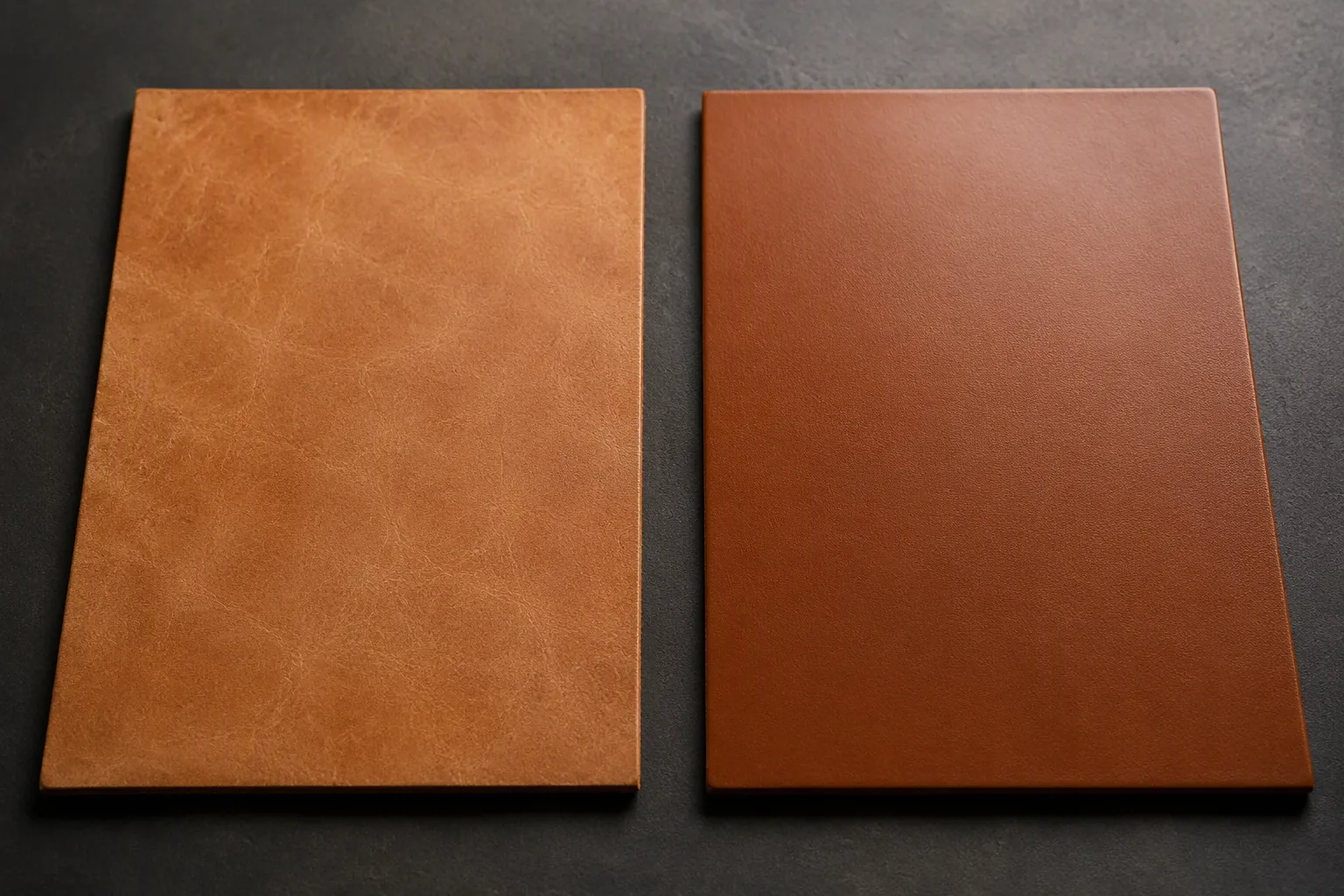 Two leather panels side by side, one natural and uncoated, one evenly coated