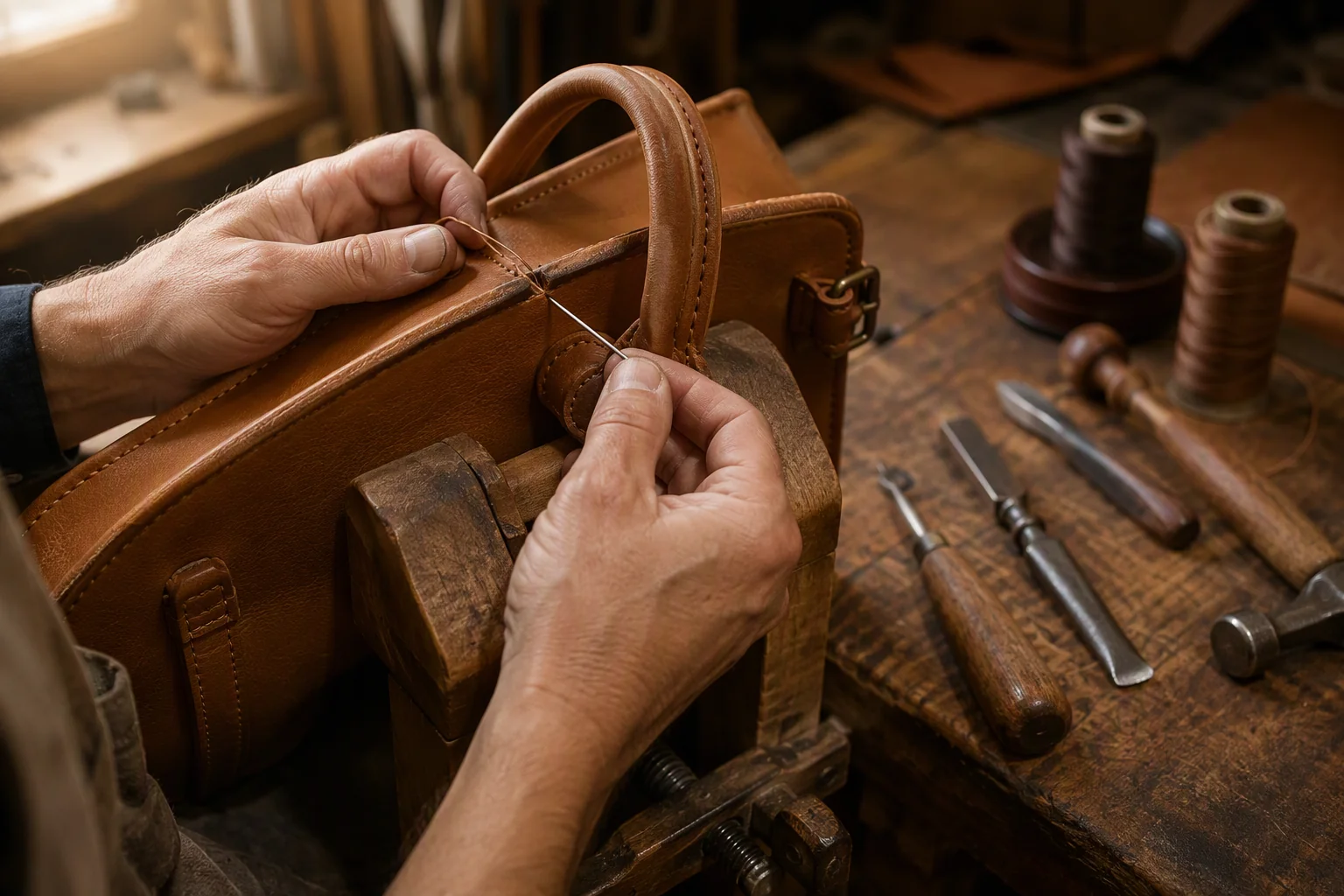 An artisan stitching a replacement handle strap on a leather bag at a repair bench