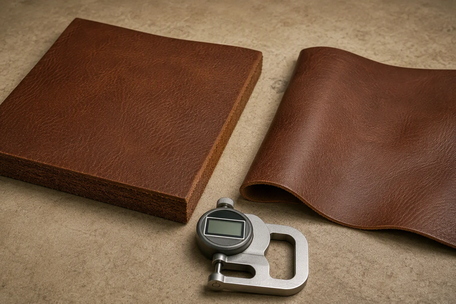 Two leather panels of different thickness beside a digital thickness gauge