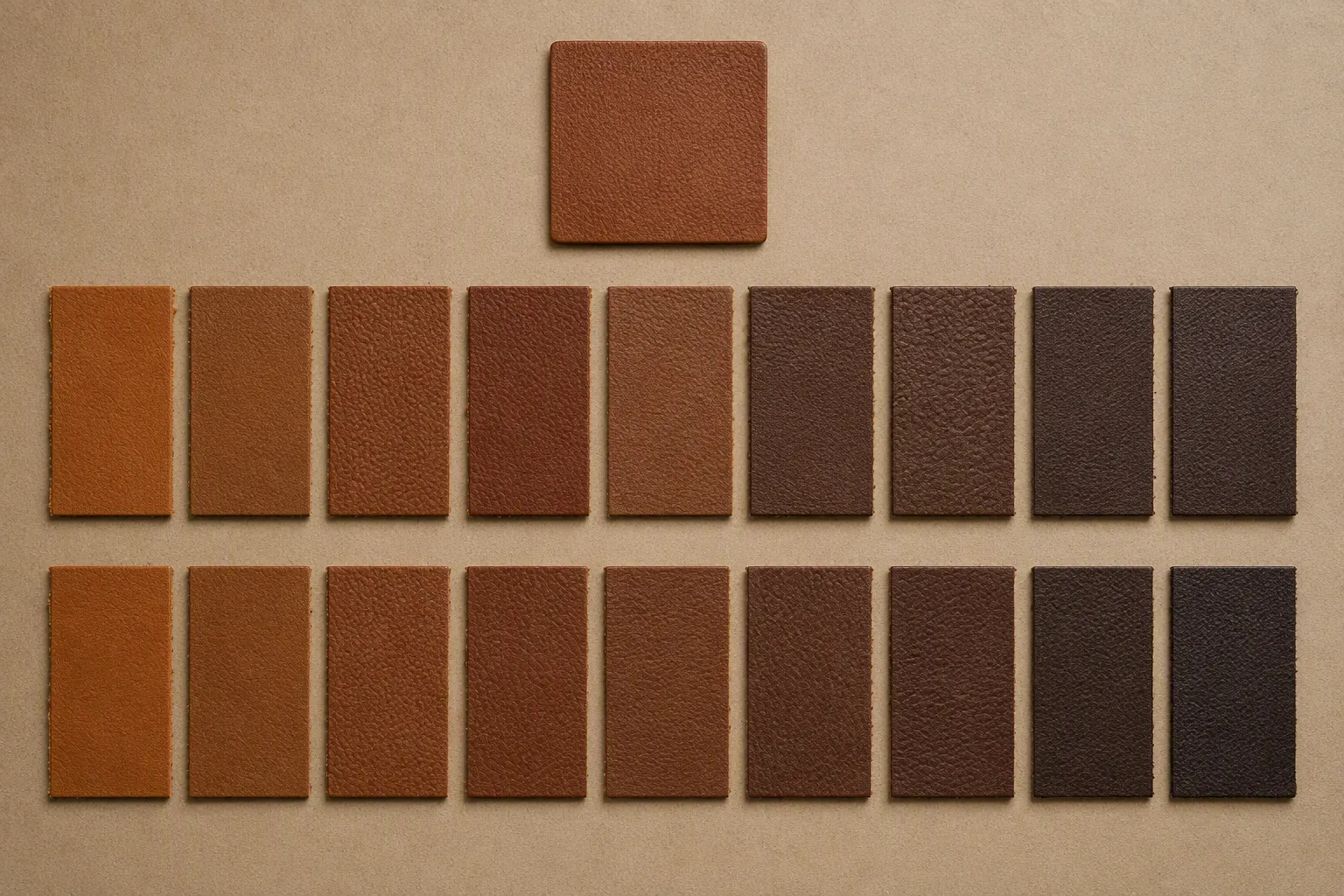 Two rows of leather swatches from different suppliers compared against a reference swatch