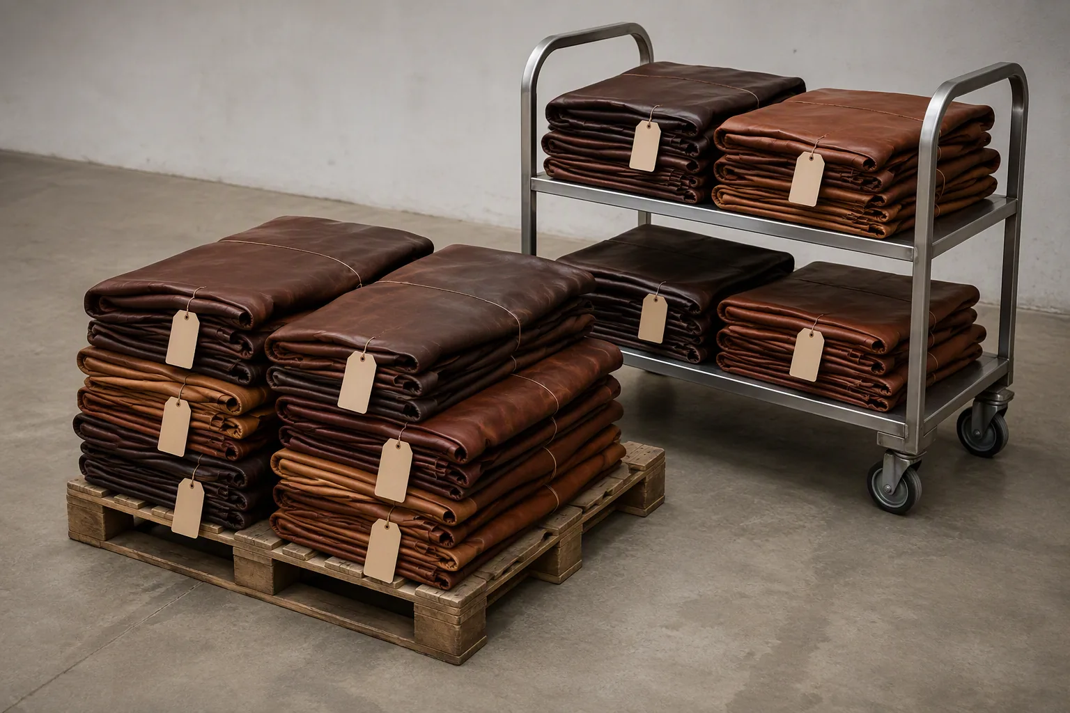 Folded leather bundles staged on a pallet and trolley for collection
