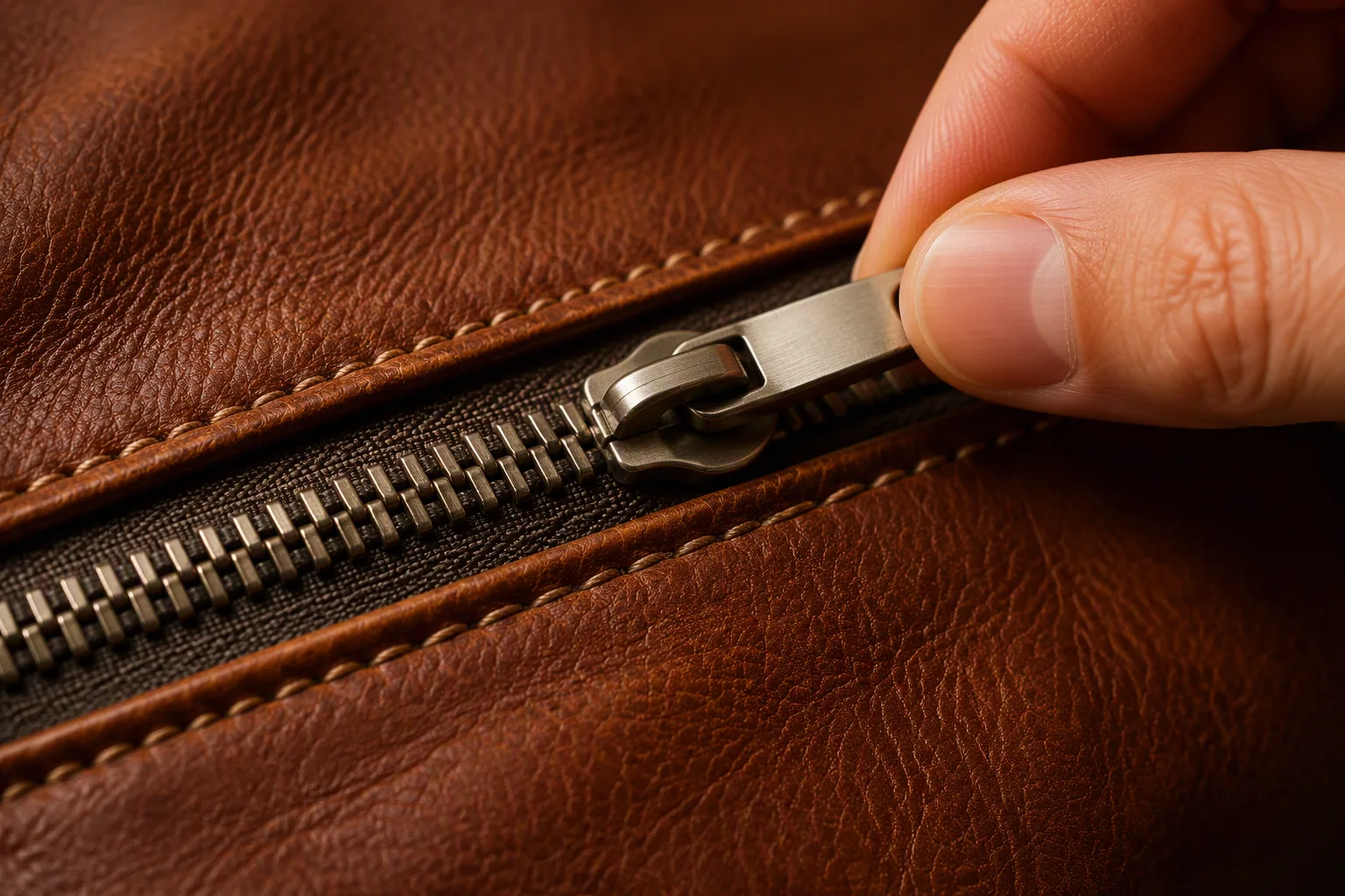 A finished leather bag on an inspection bench with a tape measure and checklist