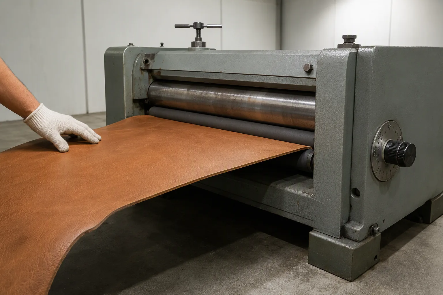 A band-knife splitting machine reducing a leather panel to an even gauge
