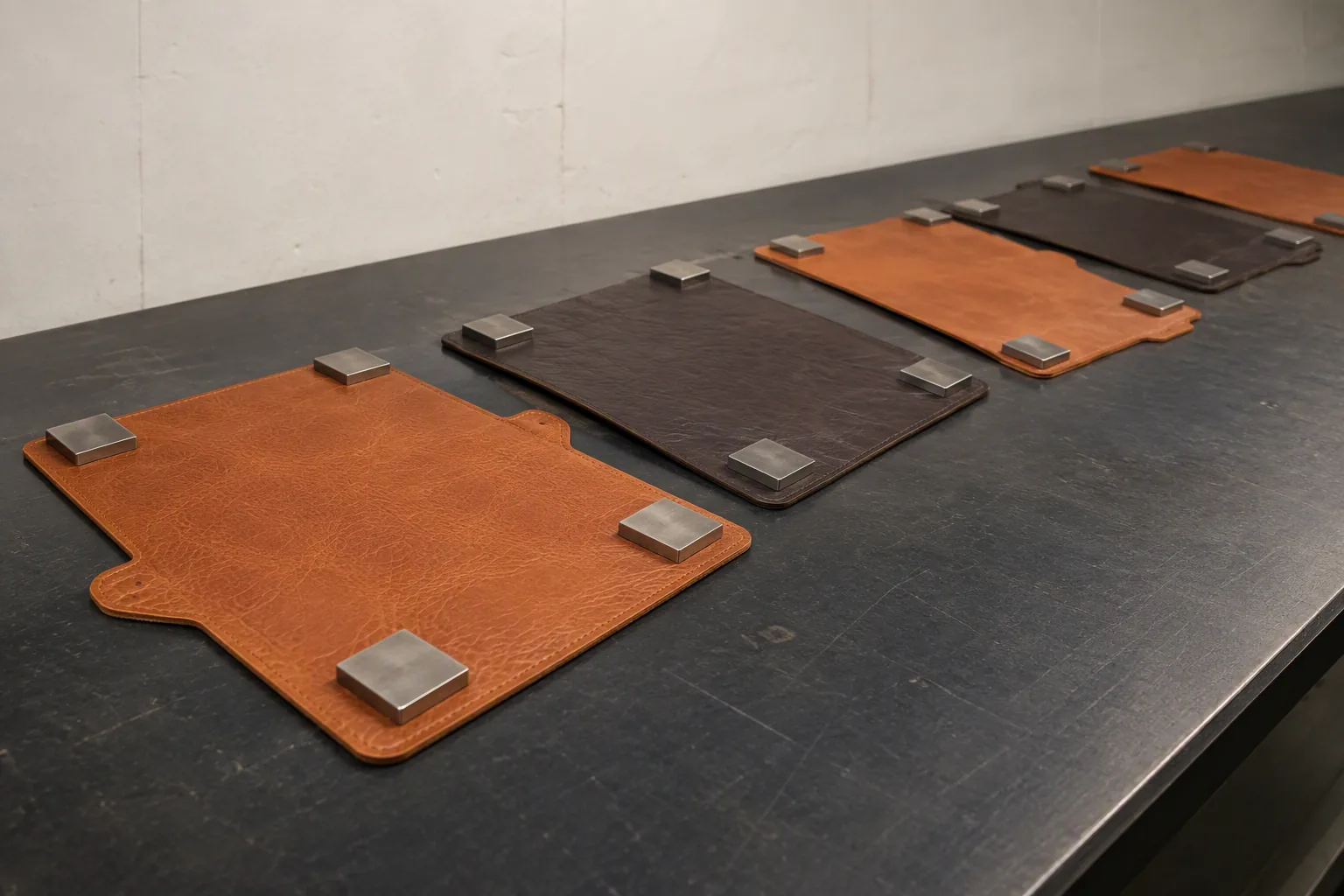 Cut leather panels laid flat under small weights on a cutting table to relax