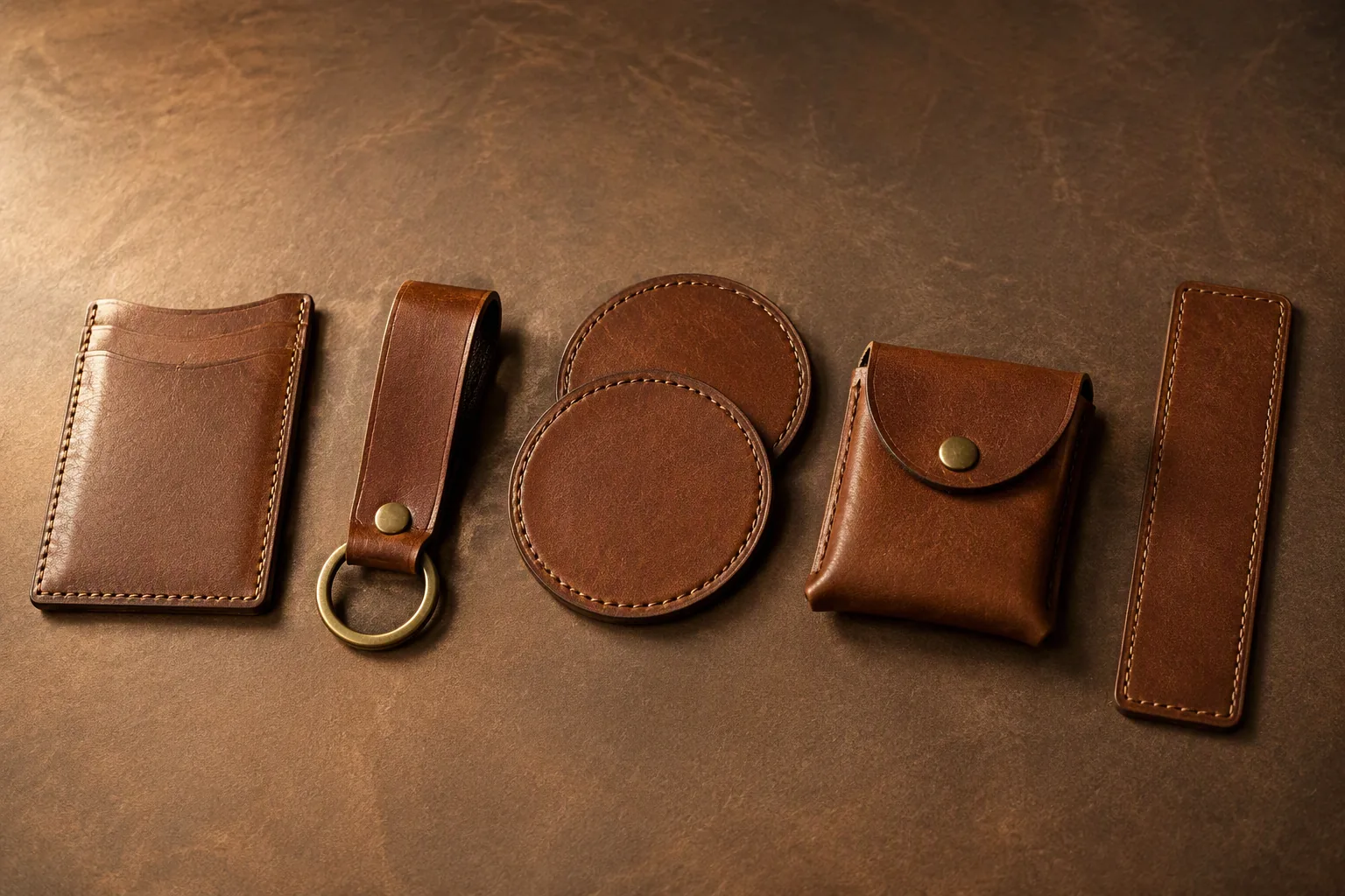 Small leather goods made from offcuts laid out on a workshop bench