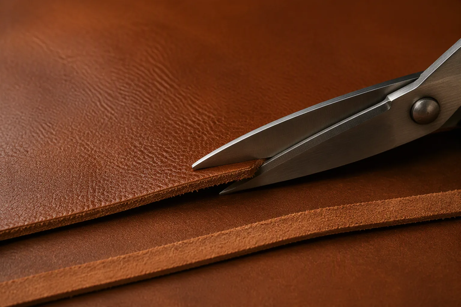 A seam allowance being trimmed back with shears along the edge of a leather panel