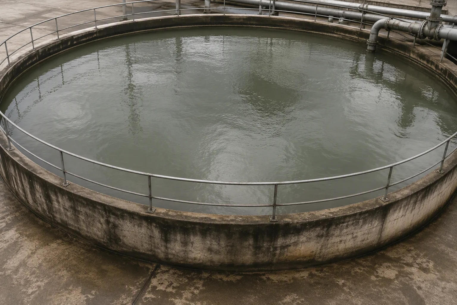 A circular settling tank at a tannery effluent plant with pipework along the rim