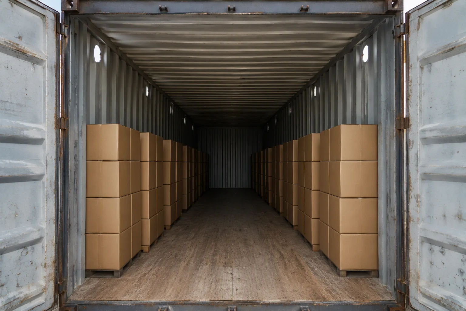 The interior of a shipping container with stacked cartons and a clear central walkway