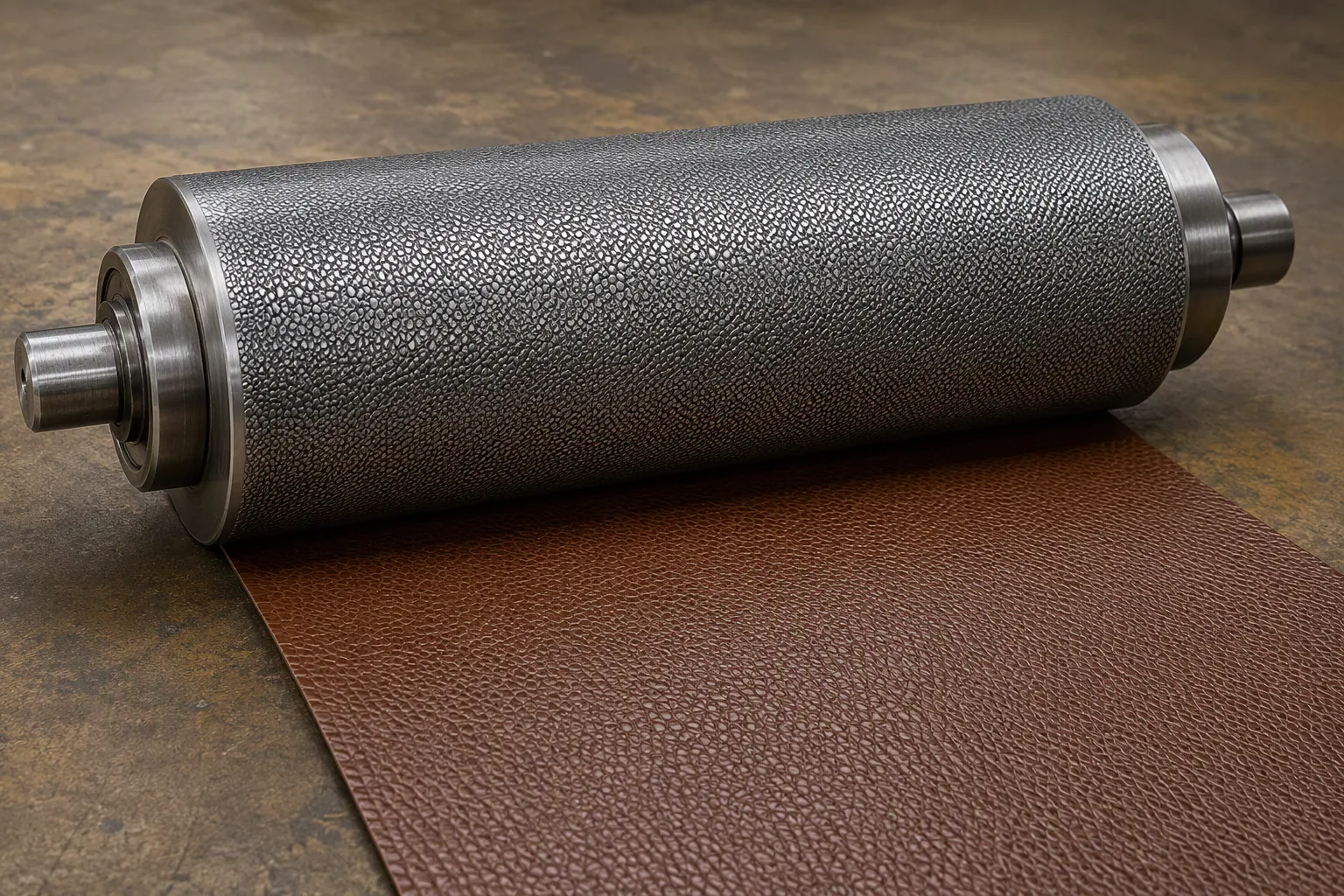 An engraved print roller with a repeating grain pattern beside printed leather