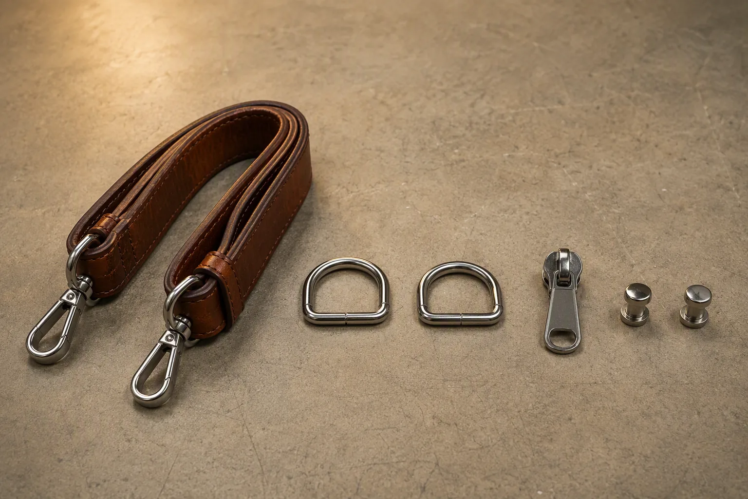 Serviceable bag components laid out as a spare-parts set