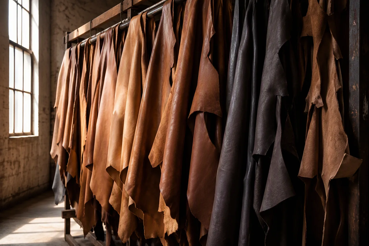 Tanned leather sides on a rack beside a bright warehouse window