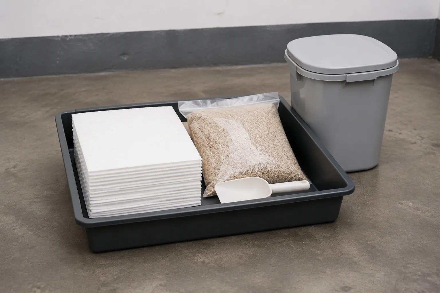 A spill kit with absorbent pads and a lidded waste bin