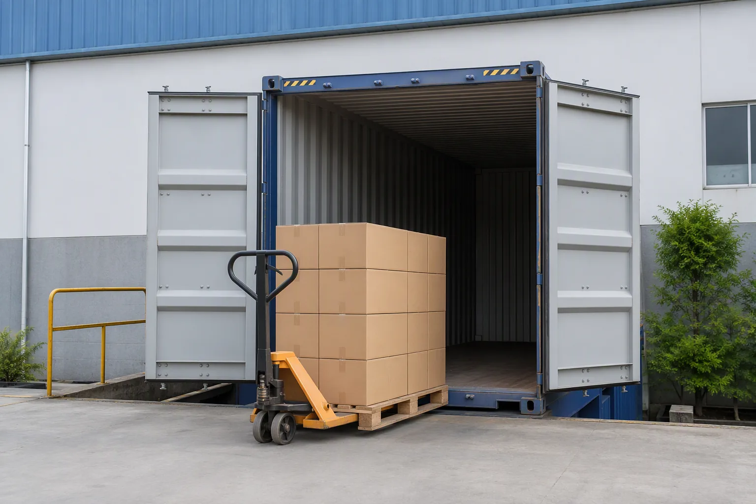 Cartons being loaded into a container at a factory loading bay