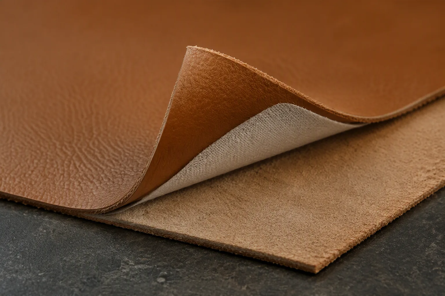 A bonded leather panel with one corner lifted back to reveal the fused interlining layer