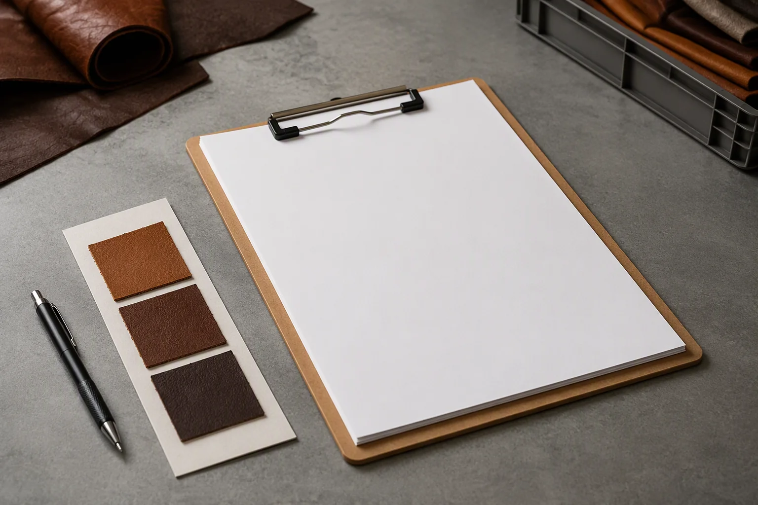 A clipboard with blank papers and a leather swatch card on a factory desk