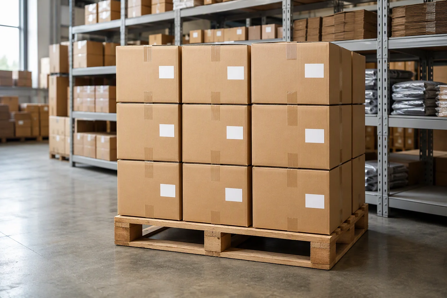 Plain cartons on a pallet in a factory storage area