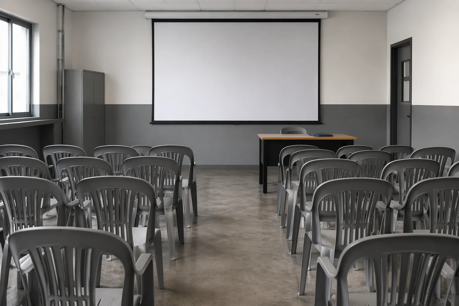 A factory training room with plain chairs and a blank screen