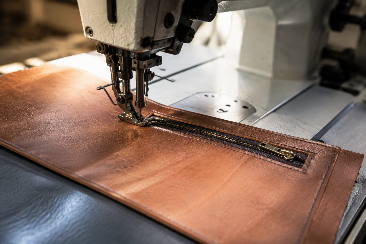 An industrial sewing machine stitching a zipped pocket panel